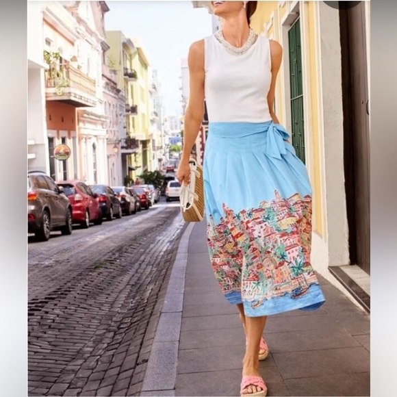 Talbot's Poplin Fit Flare Skirt Scenic Riviera Sash Belt Midi Beach Print 4 NWT - Picture 7 of 11